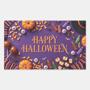 Fröhliches Halloween-Flat-Lay auf Lila Rechteckiger Aufkleber