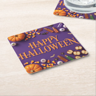 Fröhliches Halloween-Flat-Lay auf Lila  Rechteckiger Pappuntersetzer
