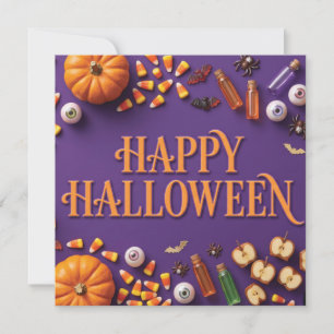 Fröhliches Halloween-Flat-Lay-Gruß auf Lila Feiertagskarte