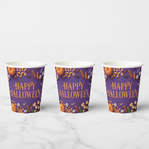 Fröhliches Halloween-Flat-Lay-Gruß auf Lila  Pappbecher