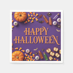 Fröhliches Halloween-Flat-Lay-Gruß auf Lila Serviette