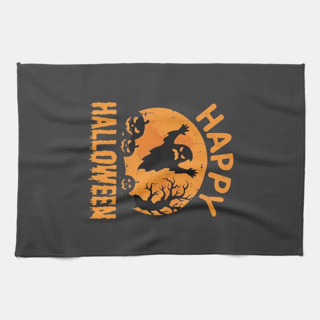 Fröhliches Halloween-Geist-Kürbis-Vektordesign Geschirrtuch (Horizontal)