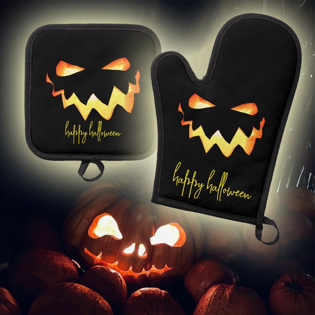 Fröhliches Halloween glühendes Jack-oder-Laterne-G Ofenhandschuh & Topflappen-Set (You're going to love this spooky glowing pumpkin face pot holder and oven mitt set.)