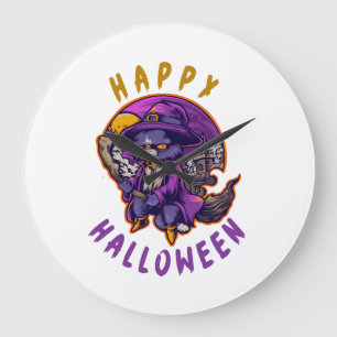 Fröhliches Halloween Halloween Hexe Katze Große Wanduhr
