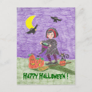 Fröhliches Halloween Hexen-Kind Postkarte !
