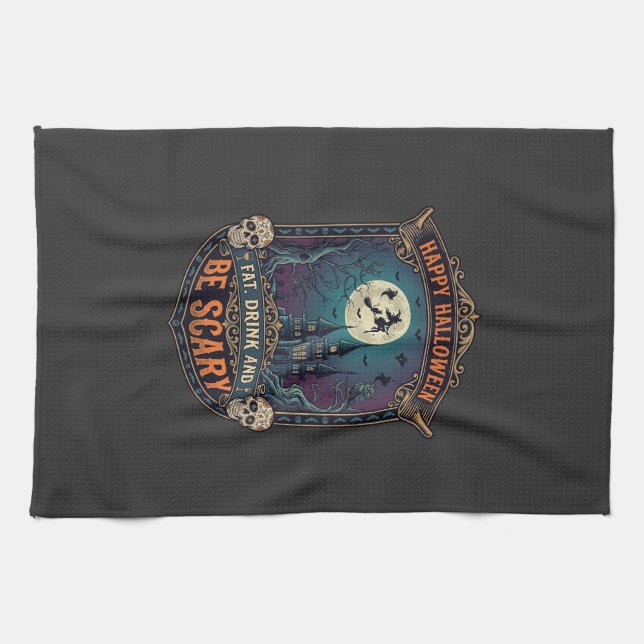 Fröhliches Halloween Hexenschloss Schädel Fett Tri Geschirrtuch (Horizontal)