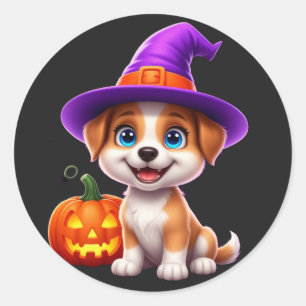 Fröhliches Halloween-Hündchen mit Jack O Lantern � Runder Aufkleber