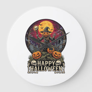 Fröhliches Halloween Kürbis Zauberer Friedhof Voll Große Wanduhr