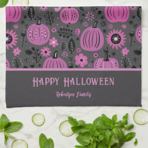 Fröhliches Halloween Lila Kürbis Familienname Geschirrtuch
