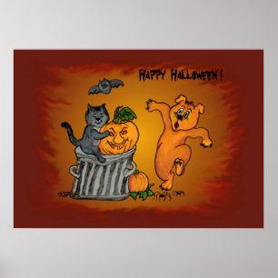 Fröhliches Halloween mit Katze Fledermaus Hund und Poster