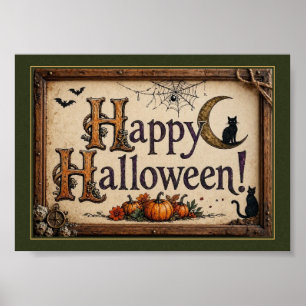 Fröhliches Halloween-Mond- und Schwarze-Katze-Schi Poster