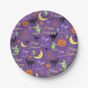 Fröhliches Halloween-Muster Lila Pappteller