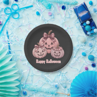 Fröhliches Halloween Pinkoween Vintage-Kürbis-Trio Pappteller