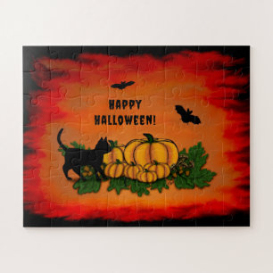 Fröhliches Halloween, schwarze Katze, Fledermaus u Puzzle