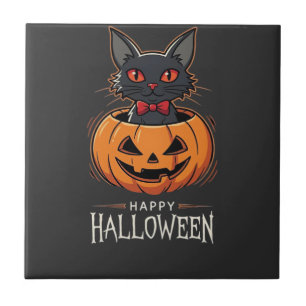 Fröhliches Halloween Schwarze Katze Kürbis Design_ Fliese