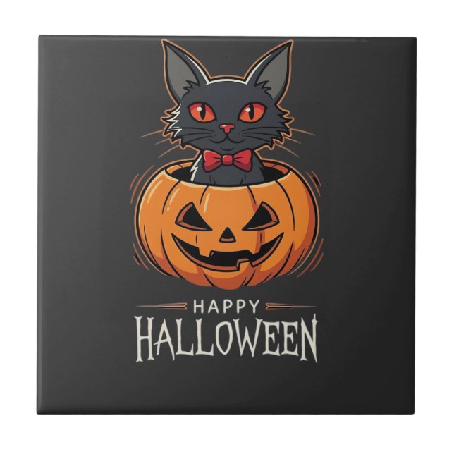 Fröhliches Halloween Schwarze Katze Kürbis Design_ Fliese (Vorderseite)