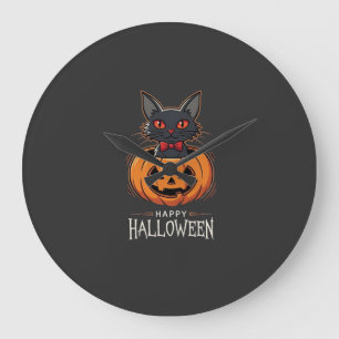 Fröhliches Halloween Schwarze Katze Kürbis Design_ Große Wanduhr