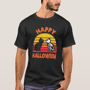 Fröhliches Halloween schwarze Katze Skelett T-Shirt