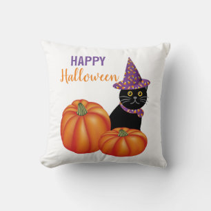 Fröhliches Halloween Schwarze Katze und Kürbisse D Kissen