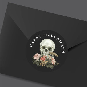 Fröhliches Halloween Schwarzer Totenkopf Rosa Flor Runder Aufkleber
