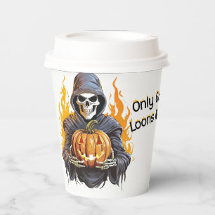 Fröhliches Halloween-Skelett mit Kürbis Pappbecher