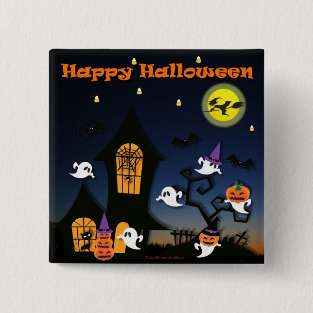 Fröhliches Halloween Spukhaus Button (Vorderseite)