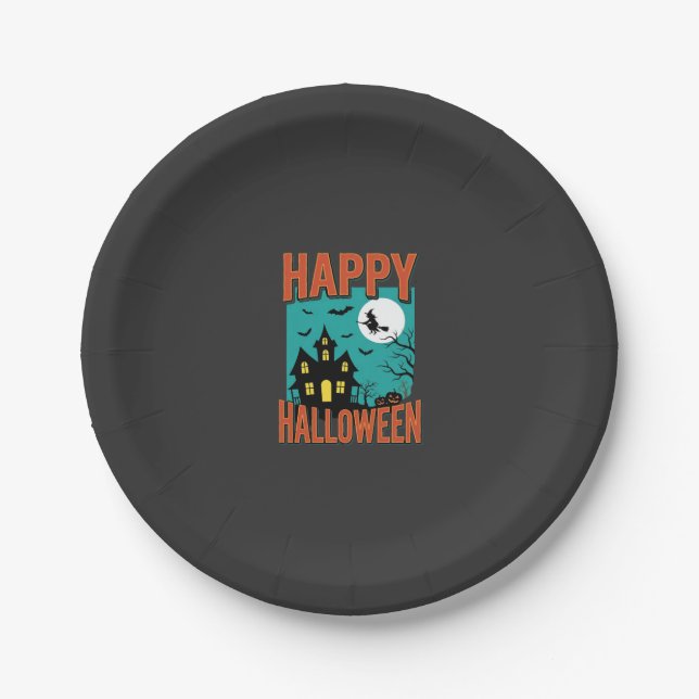 Fröhliches Halloween Spukhaus Hexen Design Pappteller (Vorderseite)