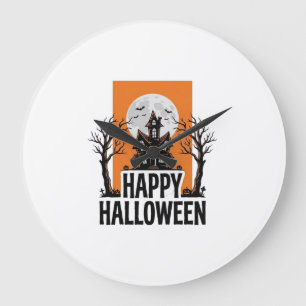 Fröhliches Halloween Spukhaus Vintage-Grafik_1 Große Wanduhr