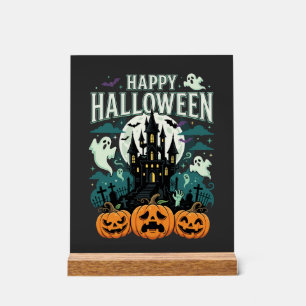 Fröhliches Halloween Spukschloss Geister und Kürbi Acrylschild