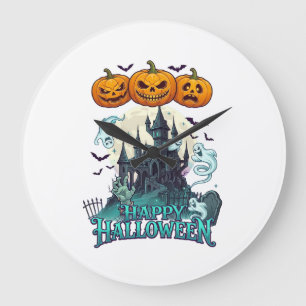 Fröhliches Halloween Spukschloss Kürbisse Geister_ Große Wanduhr