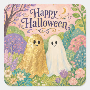 Fröhliches Halloween Süßer Geist Blumengarten Quadratischer Aufkleber