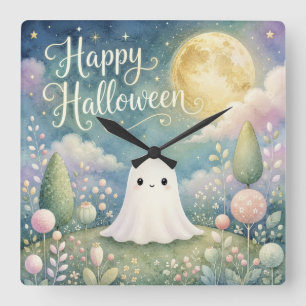Fröhliches Halloween Süßer Geist Pastellgarten Quadratische Wanduhr