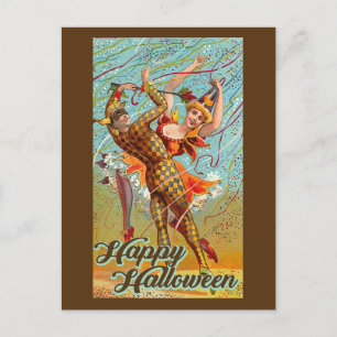 Fröhliches Halloween tanzender Narr Maskerade Vint Postkarte