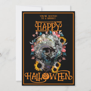 Fröhliches Halloween-Totenkopf-Blumenparty Schwarz Einladung