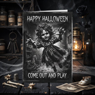 Fröhliches Halloween Verlassene Vintage-Puppe Karte