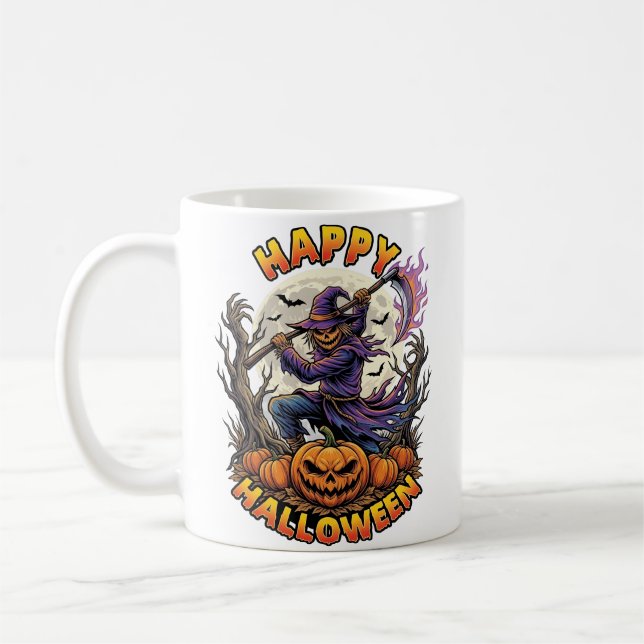 Fröhliches Halloween Vogelscheuche Sensenmann Flam Kaffeetasse (Links)