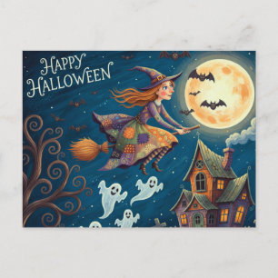 Fröhliches Halloween Whimsical Hexe auf dem Besen Feiertagspostkarte