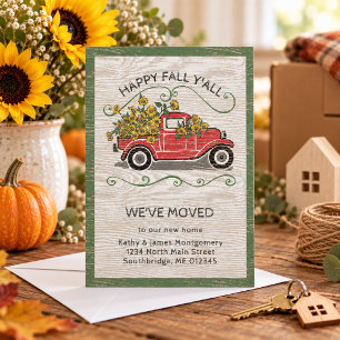 Fröhliches Herbst-Gruß-Zitat Vintage-Rotlastwagen- Ankündigung