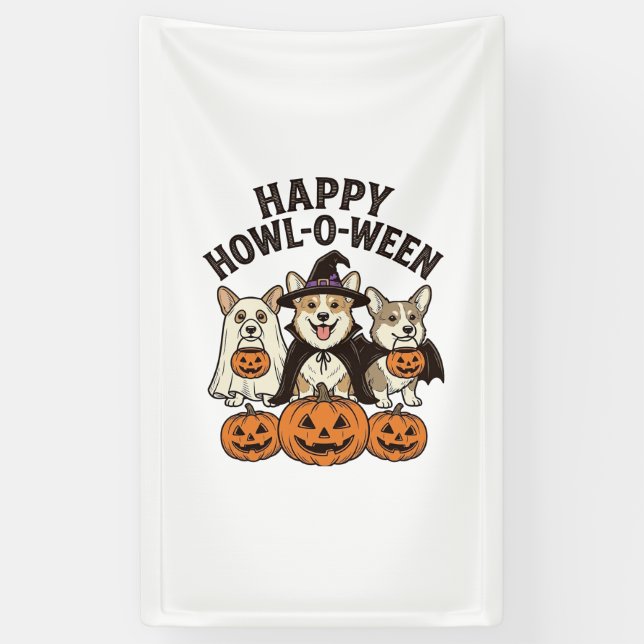 Fröhliches Howl-O-Ween Corgi Halloween Hund Vector Banner (Vertikal)