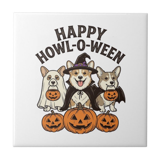 Fröhliches Howl-O-Ween Corgi Halloween Hund Vector Fliese (Vorderseite)