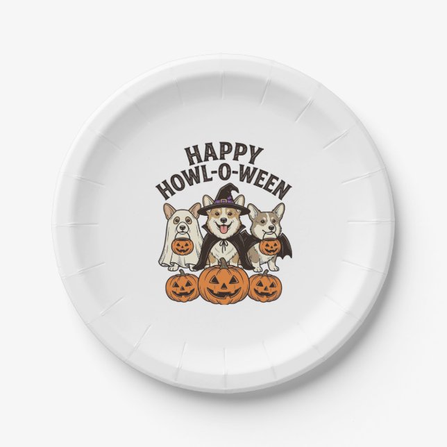 Fröhliches Howl-O-Ween Corgi Halloween Hund Vector Pappteller (Vorderseite)