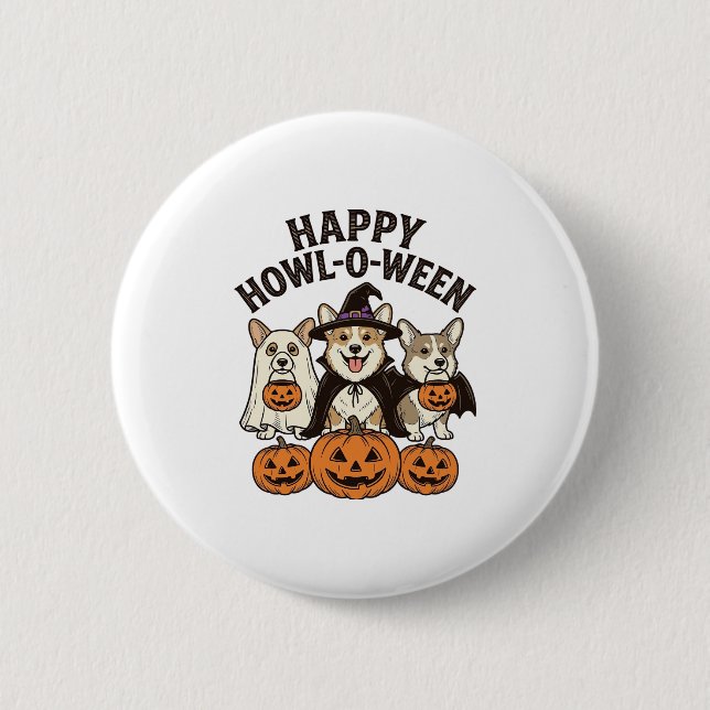 Fröhliches Howl-O-Ween Corgi Halloween Hund Vektor Button (Vorderseite)
