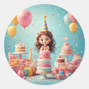 Fröhliches Kind feiert Geburtstag mit Kuchen Runder Aufkleber