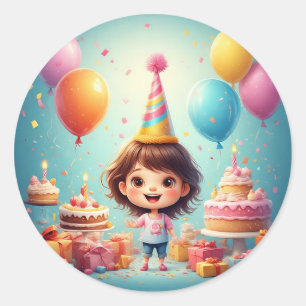 Fröhliches Kind feiert Geburtstag mit Kuchen Runder Aufkleber