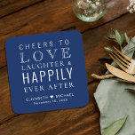 Fröhliches Liebe-Lachen nach Navy Blue Rechteckiger Pappuntersetzer<br><div class="desc">Dieser Untersetzer in blauer Gastgeschenk Hochzeit bietet "Cheers to Liebe Laughter & Happily Ever After Party" in einer Mischung aus modernen und eleganten weißen Typographien,  Ihren Vornamen und Ihrem Hochzeitstag.</div>