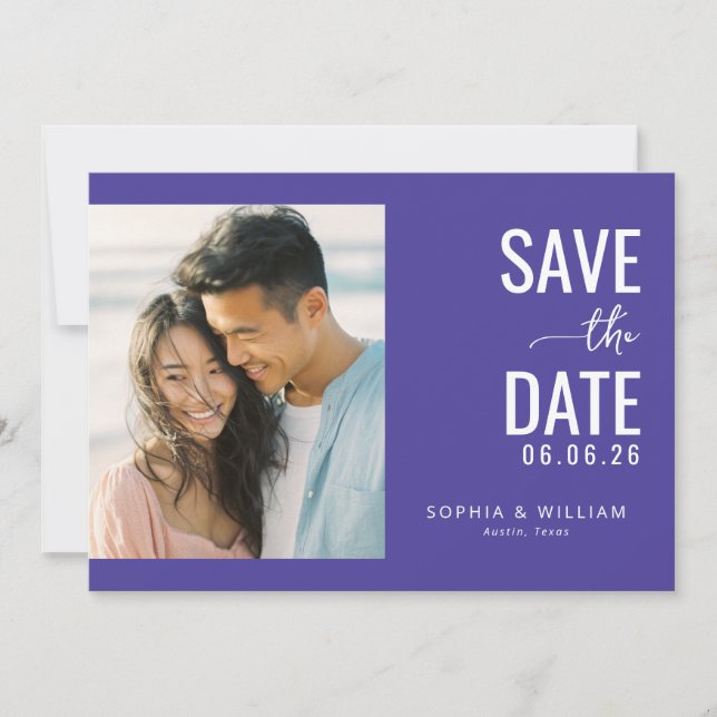 Fröhliches Lila Modern Foto Save The Date (Vorderseite)