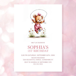 Fröhliches Mädchen Teddybär 1. Geburtstag Einladung