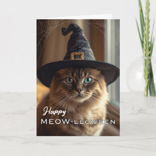 Fröhliches Meow-lloween mit Halloween-Hexenkatze Karte