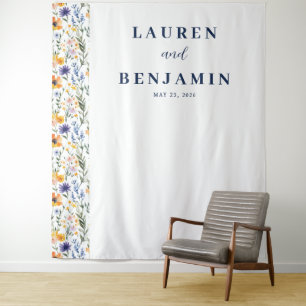 Fröhliches Navy-Blumen-Hochzeitsbanner Wandteppich