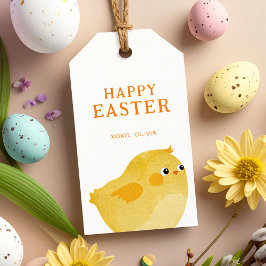 Fröhliches Ostergeschenk mit kleinem Huhn in Gelb Geschenkanhänger